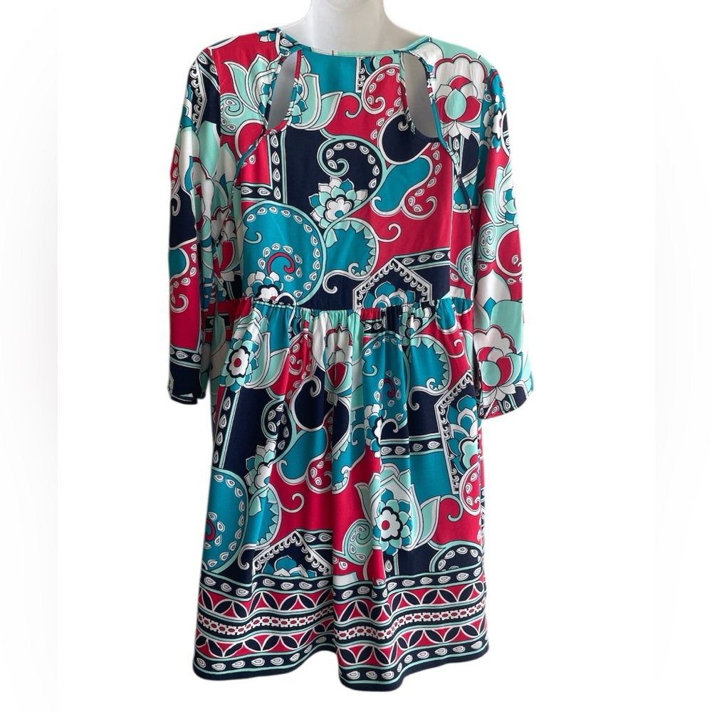 Crown & Ivy Multi Colorful Empire Waist Mini Dress Back Cutouts Woman's Medium - Picture 4 of 4